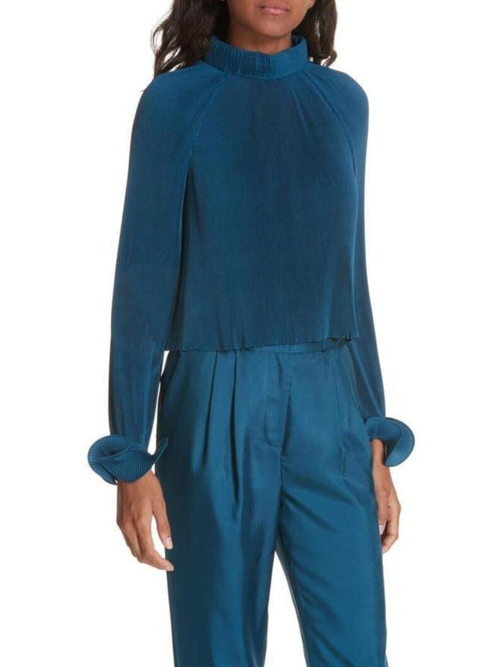 Tibi Teal Cropped Mock Neck Pleated Top Crop S